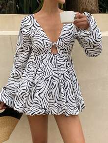 Livesso 女士斑马纹灯笼袖单扣花边下摆性感时尚长袖衬衫 - 白色 - 查看 2