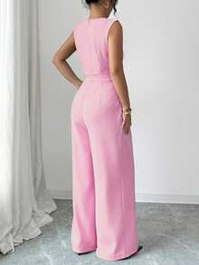 SHEIN Raffinéa 法式优雅度假连体裤，透视亮片拼接，后背拉链；腰部配有布腰带，泡泡袖褶皱设计，阔腿裤 - 粉色 - 查看 2