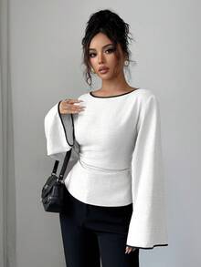 Siren Gaze Women's Elegant Flare Sleeve Tie Back Fitted Blouse, Suitable For Work And Commute, Spring/Autumn - White - View 5