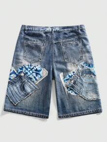 ROMWE MEN Quần short denim nam dáng casual, in họa tiết hoa kỹ thuật số, túi xéo. - Màu xanh lam - Xem 9