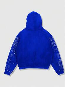 ROMWE MEN Anime Sudadera con capucha y cremallera de manga larga con estampado gráfico casual de retrato de hombre de calle, estilo Y2K - Azul - Ver 2