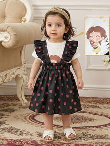 SHEIN 2pcs/Set Baby Girls Cute Cartoon Print Short Sleeve Top And Peony Floral Ruffle Hem Suspender Skirt Set,Black And White,Summer,Family Matching Outfit - Black - View 1