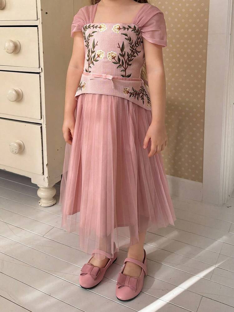 Young Girls Mesh Patchwork Formal Party Birthday Dress, Korean Style