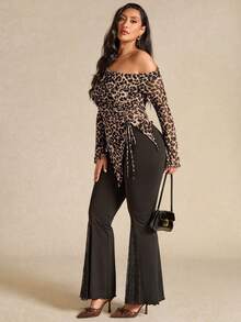 SHEIN BAE Plus Size Women Oblique Shoulder Long Sleeve Fitted Asymmetrical Hem Ruched Leopard Print T-Shirt - Apricot - View 4
