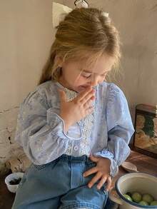 DAZY Young Girl Ditsy Floral Lace Trim Loose Blouse Spring - Blue - View 8