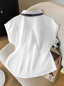 GlowEve 蓝色 Polo 领无袖衬衫配围巾，女士夏季新款宽松休闲上衣，优雅显瘦 - 白色 - 查看 2