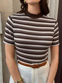 Solivie Women's Basic Striped Short Sleeve T-Shirt, Casual Daily Wear - Coffee Brown - View 5