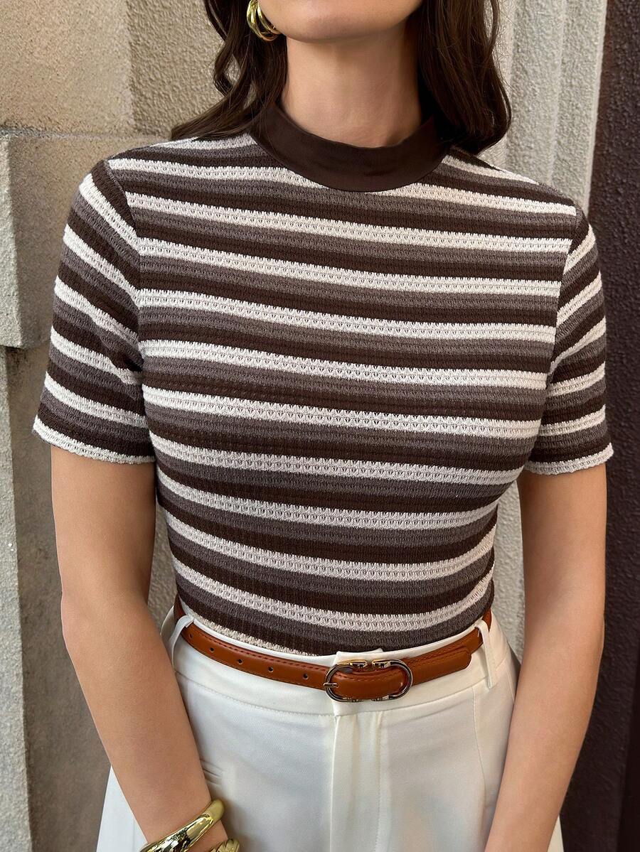 Solivie Women's Basic Striped Short Sleeve T-Shirt, Casual Daily Wear - Coffee Brown - View 1