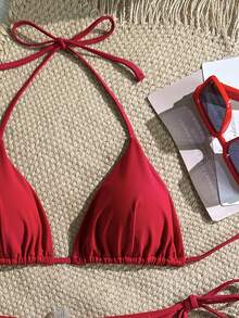 Swim Mod 女士纯色挂脖三角杯侧系带比基尼泳衣套装，夏季沙滩