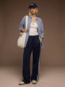 Muvela 女士撞色蕾丝抽绳腰阔腿宽松休闲裤 - 寶藍色 - 查看 1