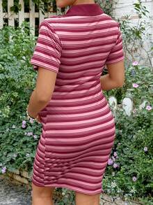 SHEIN Maternity Clothes Maternity Dress Maternity Striped Button Half-Placket Short Sleeve Casual Nursing Dress Vacation Pink - Pink - View 3