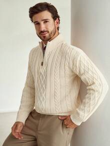 Manfinity CityGents Áo len dệt kim trơn màu thường ngày cho nam, Thu/Đông - Màu be - Xem 1