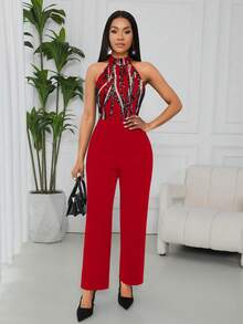 Lyxana 女士优雅印花露背连体裤 - 紅色 - 查看 5