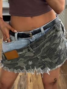 SHEIN Women's Camouflage Print Wrap Fringe Hem Fashionable Denim Mini Skirt Jean Skirt Y2k Grunge Clothes Army Skirt Skirt Shorts - Multicolor - View 3