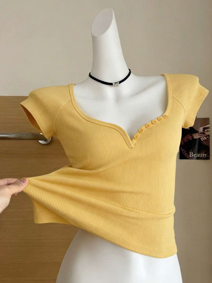 Resyla Women's Deep V-Neck Short Sleeve Fitted Knit Top, Revealing Collarbone - Yellow - View 1