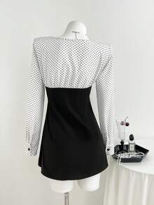 Elamini Women's Summer Dress - Y2K Retro Babe Style, Polka Dot, Waist-Cinching Long Sleeve, Valentine's Day Outfit, Casual Wear - Black and White - View 2