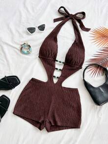 Soleia Spring/Summer New Casual Vacation Western Beach Wedding Guest Attire Graduation Brunch Women's Outfit St. Patrick's Day Spring Break Easter Music Festival Elegant Boho Tropical Backless Tie-Up Beaded Hollow-Out Brown Textured Knit Jumpsuit - Brown - View 3