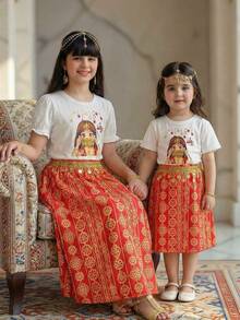 SHEIN 2 pièces/Set Jeune fille Impression de fille mignonne T-shirt à col rond à manches courtes et jupe tissée imprimée à franges de perles florales Tenue décontractée, Printemps/Été - Rouge - Voir 1
