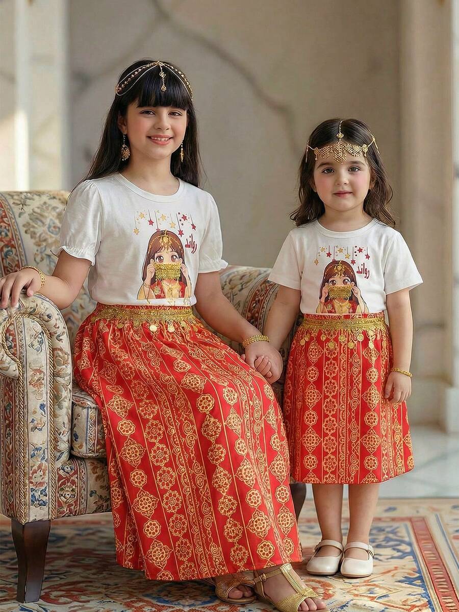 SHEIN 2 pièces/Set Jeune fille Impression de fille mignonne T-shirt à col rond à manches courtes et jupe tissée imprimée à franges de perles florales Tenue décontractée, Printemps/Été - Rouge - Voir 1