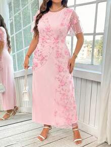 Reflora Plus Size Summer Elegant Contrast Mesh Applique Round Neck Dress, Summer Dresses - Coral Pink - View 5
