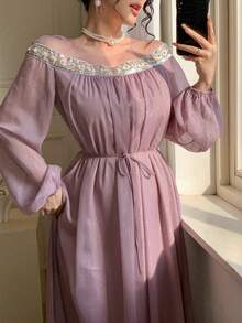 DAZY Elegant Off-Shoulder Midi Dress, Fitted Waist, Shiny Rhinestone Decor, Suitable For Valentine's Day, Wedding, Party, Formal Occasions, Spring/Summer Sundress - Purple - View 8