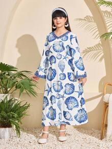 SHEIN Tween Girls' Casual Middle Eastern Arabic Style Seashell Print Robe, Vacation Vibe - Blue - View 8