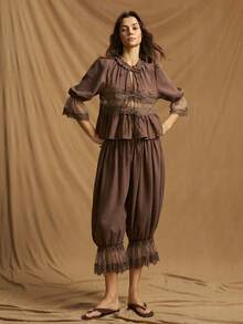 SHEIN ICON Y2k 女士黑色西部波西米亚风度假休闲纯色抽绳灯笼裤，春夏款 - 棕色 - 查看 5