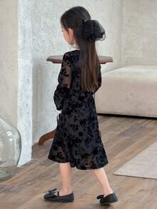 DAZY Young Girl Floral Flocked & Mesh Long Sleeve Casual Dress - Black - View 4