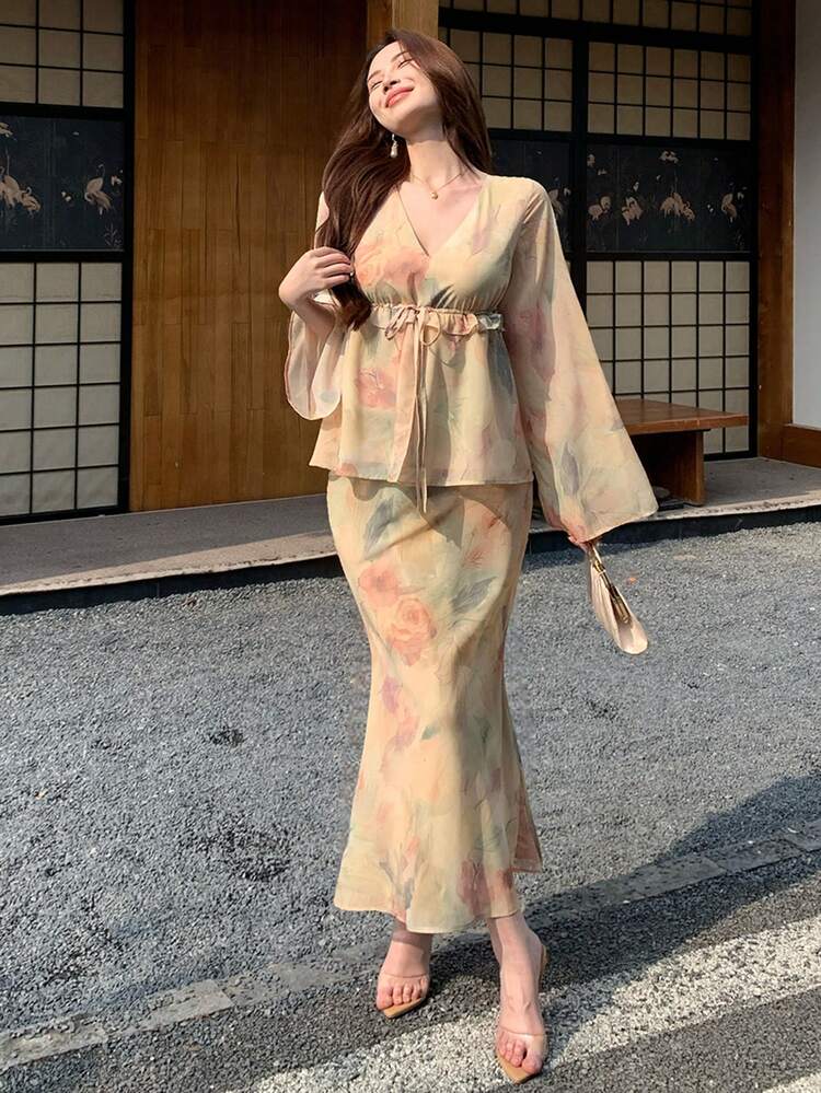 Spring & Summer Ditsy Floral Pullover Poncho, Elegant Design With Drawstring, Ruffle Hem, Chiffon Cover Up And Bodycon/Mermaid Skirt Set, Suitable For Vacation, Wedding, Commute