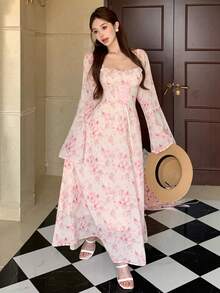 DAZY Đầm maxi dài tay in hoa thanh lịch dành cho nữ. - Hồng - Xem 8