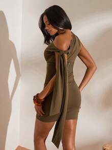 Opulessa 2 piezas Vestido mini de malla de punto de unicolor y cinturón para vacaciones de primavera/verano - Verde Oscuro - Ver 7
