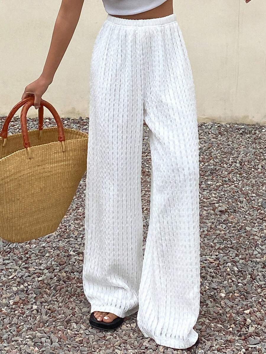 Livesso Women's Perforated Textured Grid White Casual Pants, Loose Relaxed Beach Holiday Style, Straight Leg, Spring/Summer - White - View 1