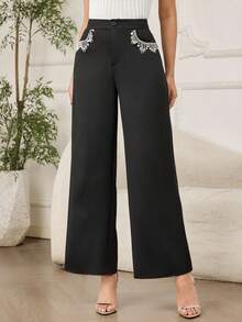 Modelyn 时尚新款串珠镶钻女式黑色裤子 - 黑色 - 查看 4