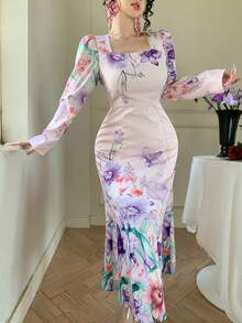 DAZY Đầm midi dáng đuôi cá tay phồng cổ vuông in hoa thanh lịch dành cho nữ, thích hợp làm đầm dự tiệc cưới mùa xuân/hè hoặc đầm mùa hè lễ Phục sinh. - Màu tím - Xem 5