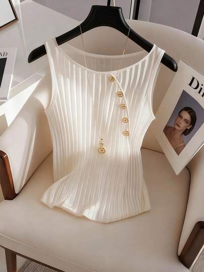 GlowEve Women's Casual Everyday Commute Solid Color Ribbed Knit Button Decor Tank Top, Summer