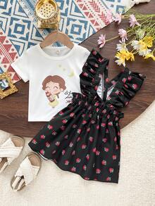 SHEIN 2pcs/Set Baby Girls Cute Cartoon Print Short Sleeve Top And Peony Floral Ruffle Hem Suspender Skirt Set,Black And White,Summer,Family Matching Outfit - Black - View 2