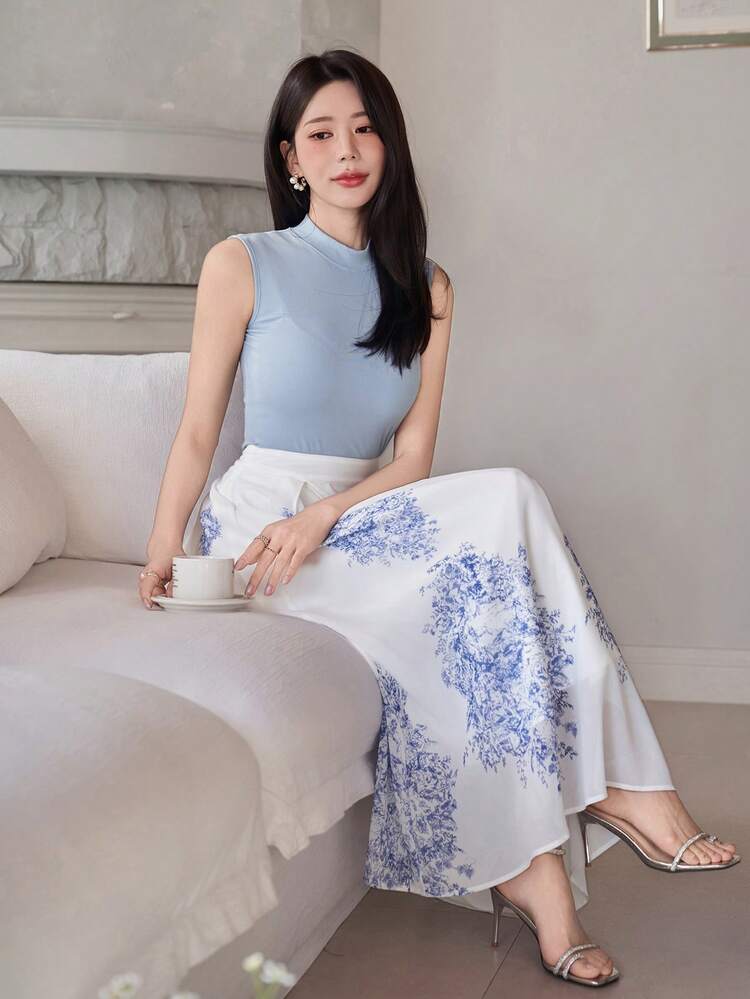 Women's Elegant Stand Collar Sleeveless Solid Color Tank Top & A-Line Floral Print Skirt 2 Pieces Set, Summer Spring,Wedding Guest Dress Women