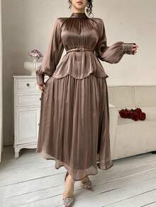 DAZY 女士优雅纯色系带领衬衫和半裙两件套，春夏款，婚礼宾客礼服 - 咖啡棕 - 查看 10