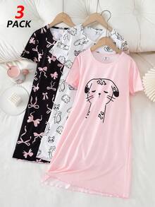 3件套 少女甜美粉色底色漂亮蝴蝶结可爱小猫印花A字长款睡衣 - 彩色 - 查看 6