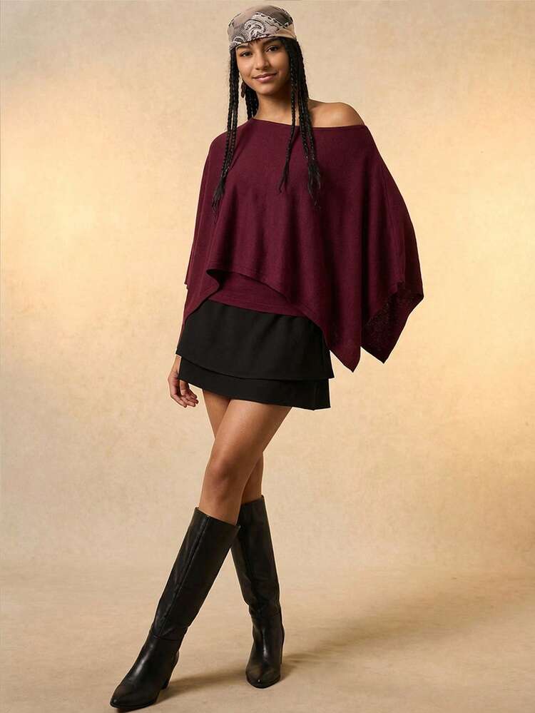 SHEIN Maija Women's Burgundy Solid Color Batwing Sleeve Loose Fashion Sweater, Asymmetric Top, Knitted Pullover For Urban Commute, Business Casual, Office Wear, Elegant For Christmas, New Year Party, Basic Top For Outings, Sweaters For Women