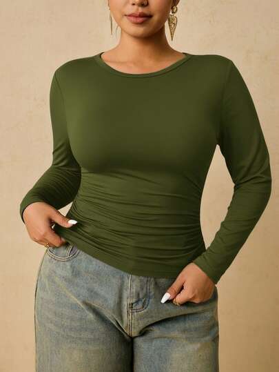 Freevana Plus Size Women Black Long Sleeve Round Neck Thermal Undershirt, Waist Ruched Tummy Control T-Shirt