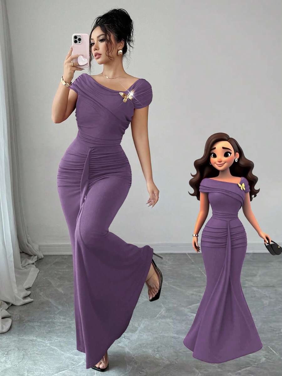 Modelyn Metallic Buckle Decor Ruched Fitted Elegant Long Dress For Women - Purple - View 1
