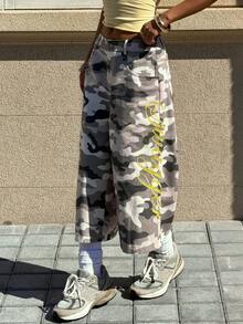 Muchica Women's Camouflage Pattern Embroidered Letter Decor Loose 3/4 Pants For Going Out, Streetwear, Y2K, Spring/Summer - Multicolor - View 5