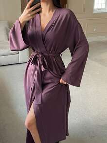 DAZY Women's Minimalist Solid Color Loose Robe - Purple - View 6