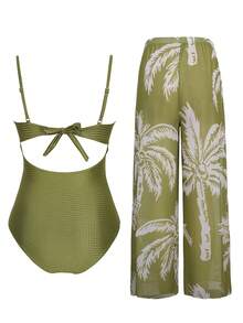 Swim Oasis Bộ đồ bơi hai mảnh dành cho nữ, kiểu dáng thường ngày, thích hợp cho kỳ nghỉ biển, gồm áo tắm một mảnh dây chéo đính đá và quần in họa tiết cây dừa ngẫu nhiên, phù hợp cho mùa xuân/hè. - Nhiều màu - Xem 4