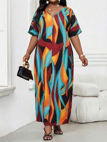 SHEIN Lady Đầm tay ngắn cổ chữ V in họa tiết toàn thân cỡ lớn, thích hợp cho kỳ nghỉ, phong cách thường ngày. - Nhiều màu - Xem 1