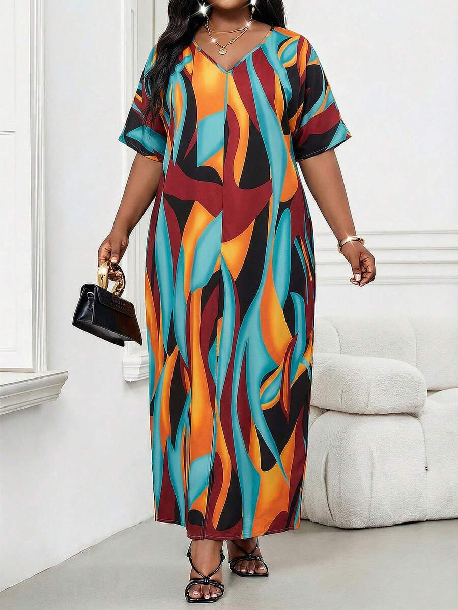SHEIN Lady Đầm tay ngắn cổ chữ V in họa tiết toàn thân cỡ lớn, thích hợp cho kỳ nghỉ, phong cách thường ngày. - Nhiều màu - Xem 1
