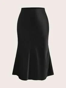 SHEIN EZwear Chân váy satin đen cạp cao cỡ lớn, thích hợp cho các bữa tiệc và hẹn hò, mùa xuân/hè. - màu đen - Xem 6