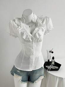 Elamini 女士白色V领荷叶边修身泡泡袖衬衫 - 白色 - 查看 4