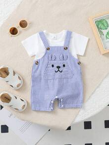 SHEIN Bộ 2 món cho bé sơ sinh: áo cổ tròn, hở vai, tay ngắn và áo liền quần kẻ sọc thêu tai, dễ thương và thời trang, thích hợp mặc ở nhà, hàng ngày và các hoạt động ngoài trời. - Xanh và trắng - Xem 3